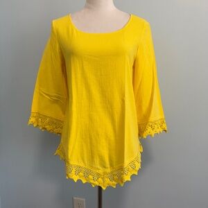 Soft Surroundings 3/4 Sleeve Lace Trim Hi-Low Hem Yellow Top Size XS